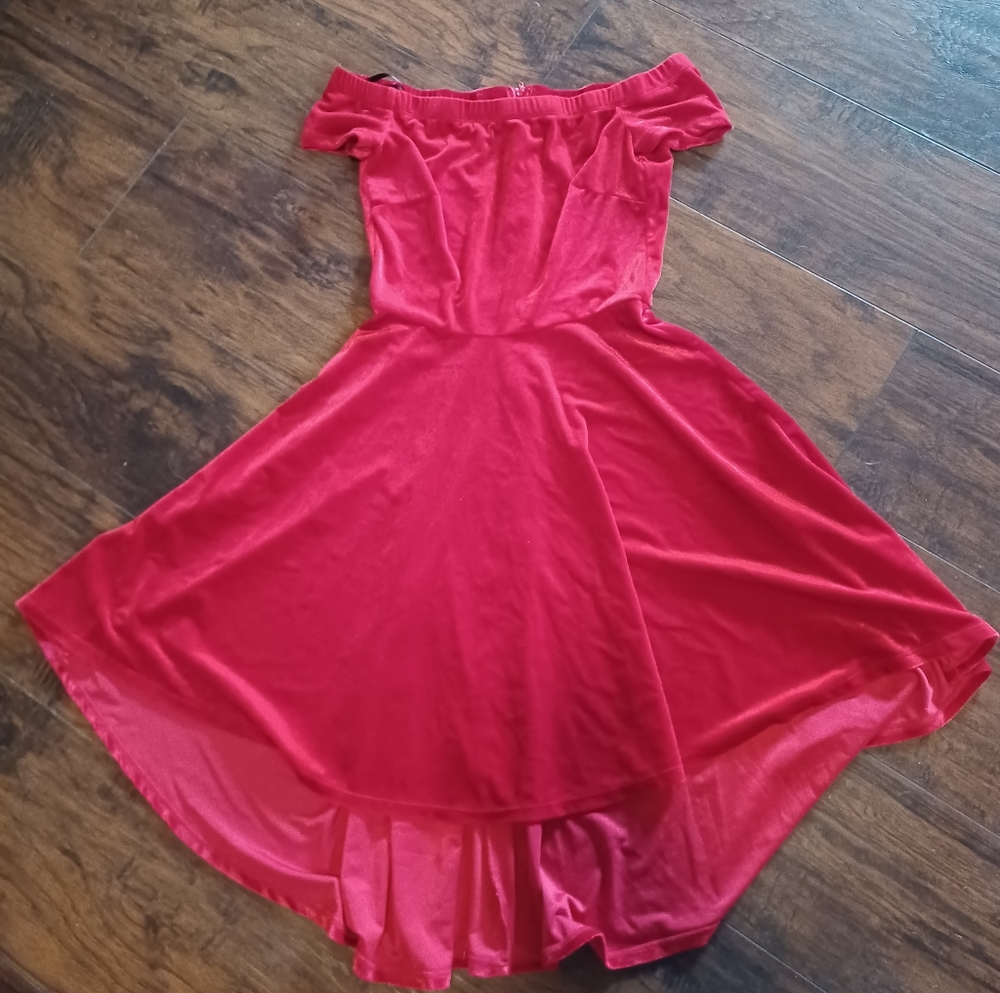 Red Velvet Off-shoulder Hi-Low Midi Dress
